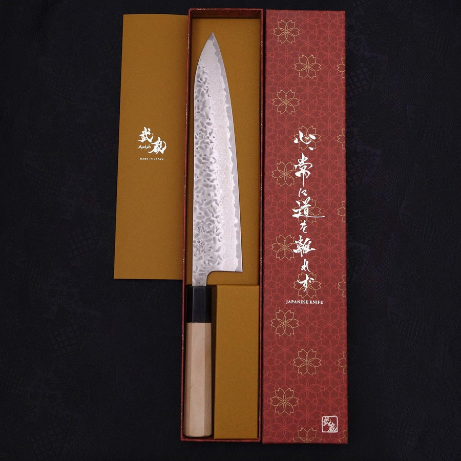 MUSASHI Gyuto AUS-10 Tsuchime Damascus Buffalo Magnolia Handle 240mm (256-240) - Chefcoca