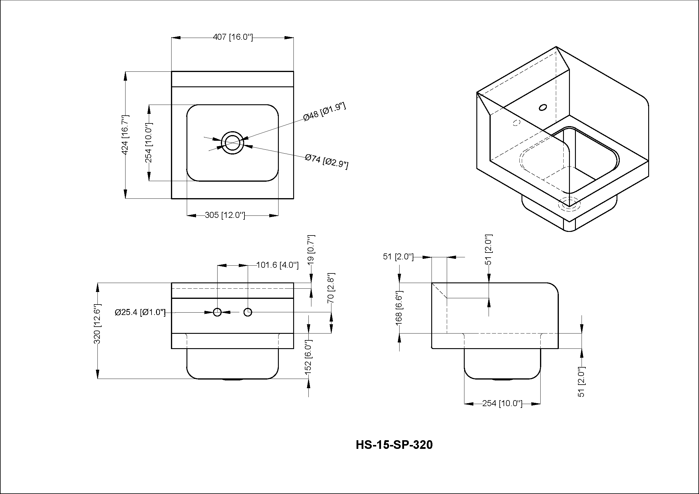 Chefco, HS-15-SP-320, 20-Gauge 304 stainless steel Wall Mounted Hand Sink with Gooseneck Faucet and Side Splash (16"W x 16-3/4"D x 12-3/5"H)