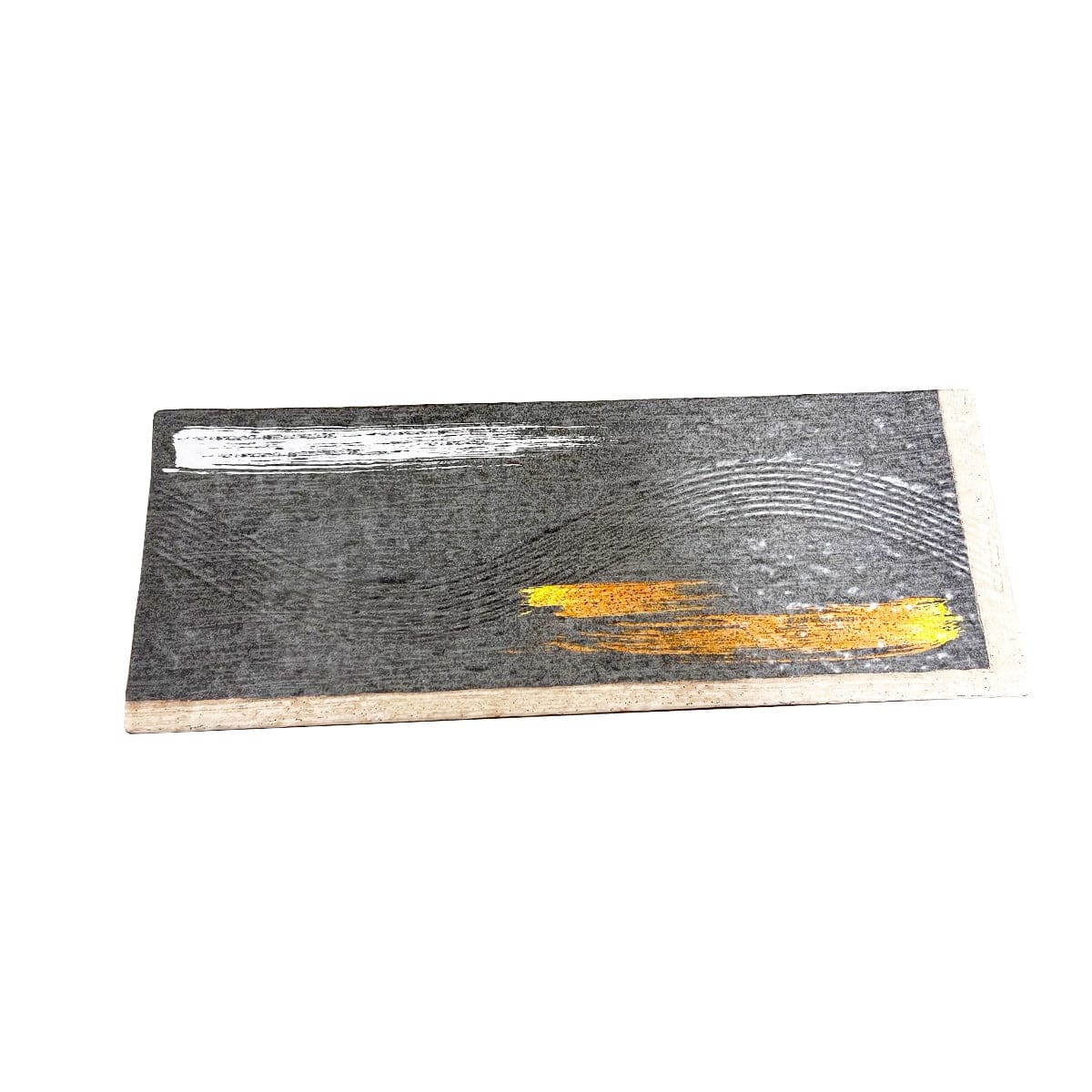 14"X5.5" Melamine Black Rectangular Plate with white & golden pattern (JM169167) - Chefcoca