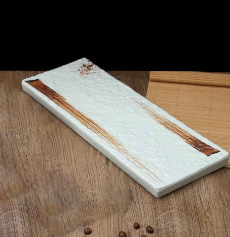 14 1/8"x5 3/8" Melamine Light Green Rectangular Flat Plate with Brown Ink Streak pattern(JM169167LG) - Chefcoca