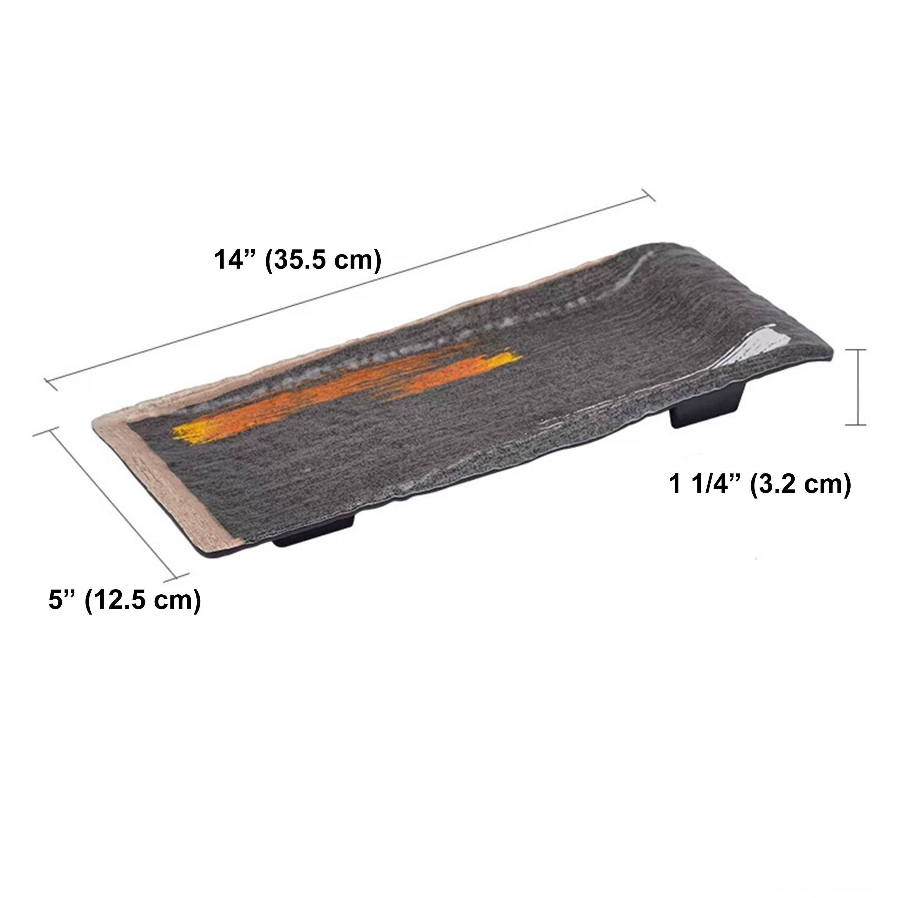 14" x 5" Melamine Black Rectangular Plate with white & golden pattern (JM169174G) - Chefcoca