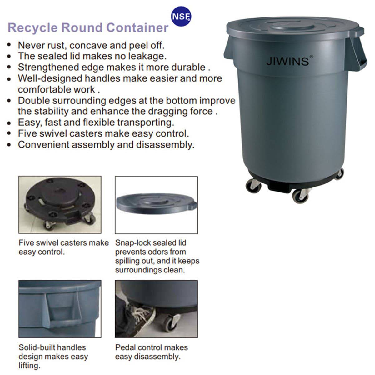 Heavy-Duty Round Trash Can, Lids are sold separately - Chefcoca