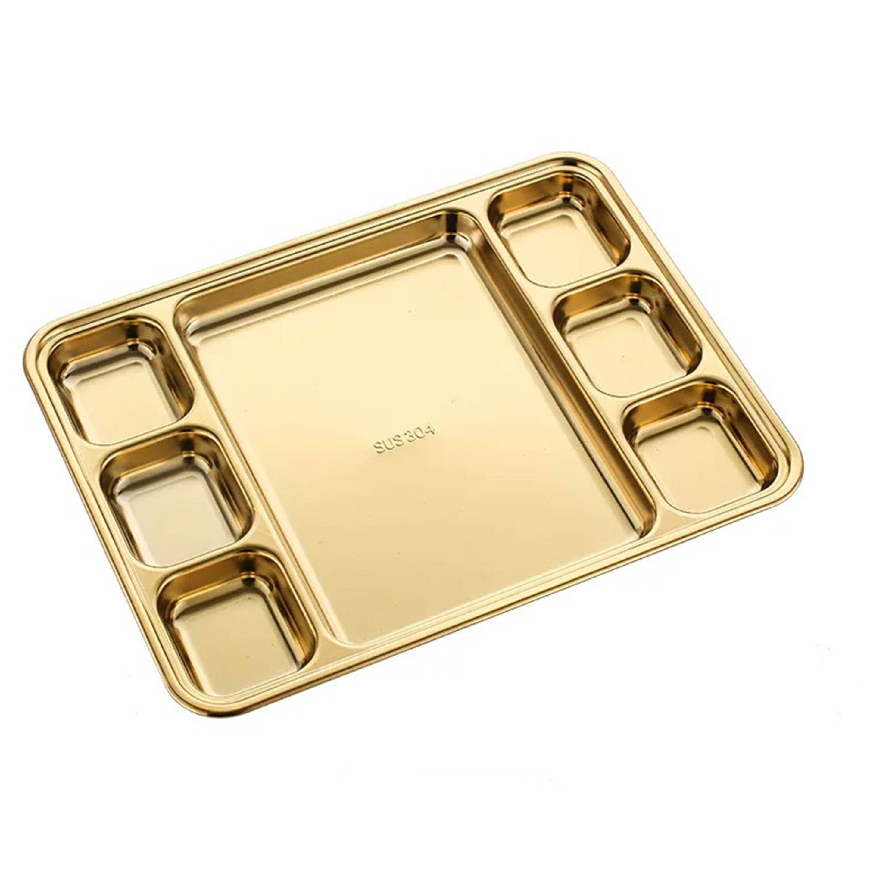 304 Stainless steel Golden Rectangular 7 compartment Plate - Chefcoca