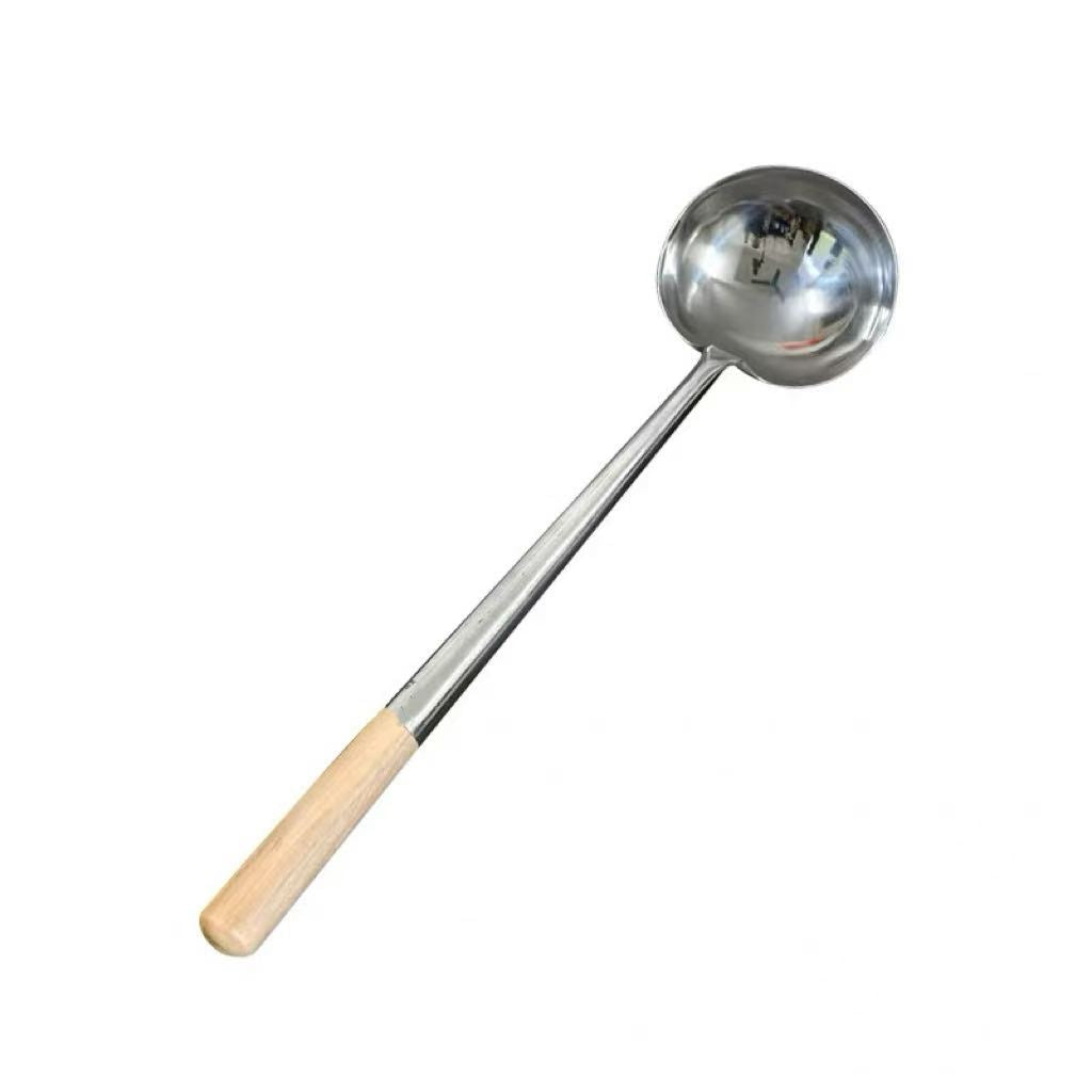 Sub-equip,LAD-2W, #2 Stainless Steel Wok Ladle with Wooden Handle –14cm/5.5" Dia,10 Liang - Chefcoca