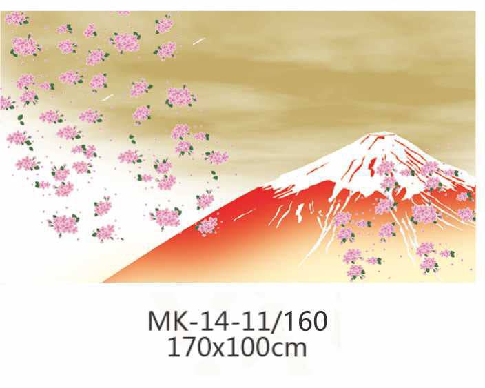 Light Green Japanese-style four-panel extra-long door curtain with Mount Fuji and Pink Flowers Pattern (MK-14-11) - Chefcoca