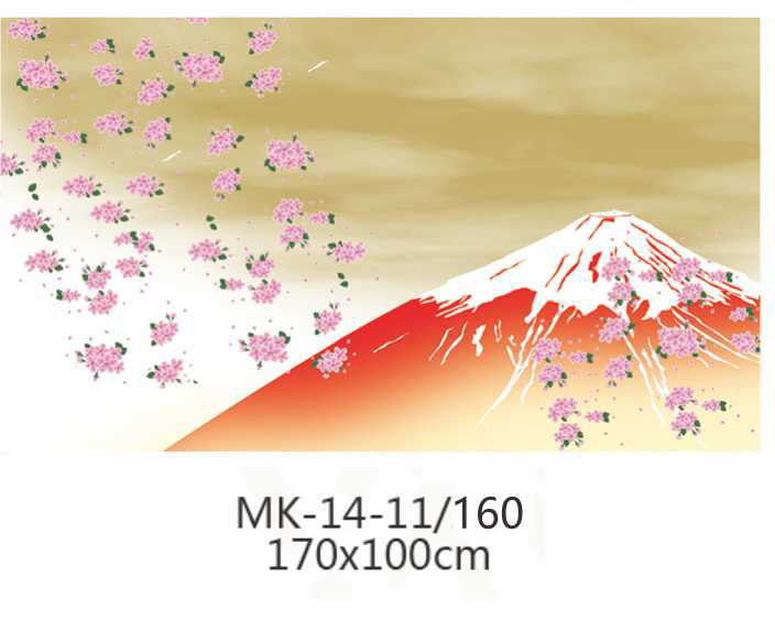 Light Green Japanese-style four-panel extra-long door curtain with Mount Fuji and Pink Flowers Pattern (MK-14-11)
