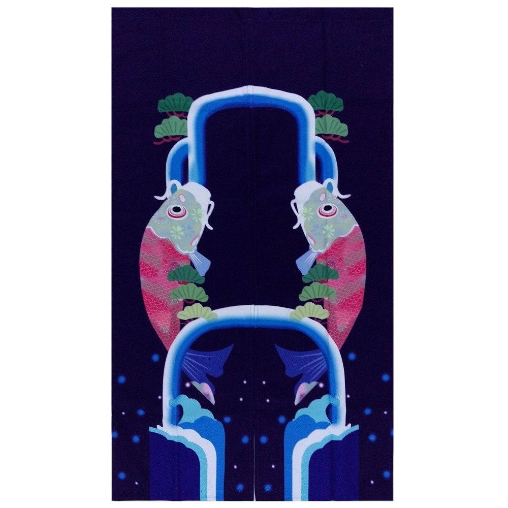 Blue Door Curtain with Double Carp & Seawave Patter (MK-571) - Chefcoca