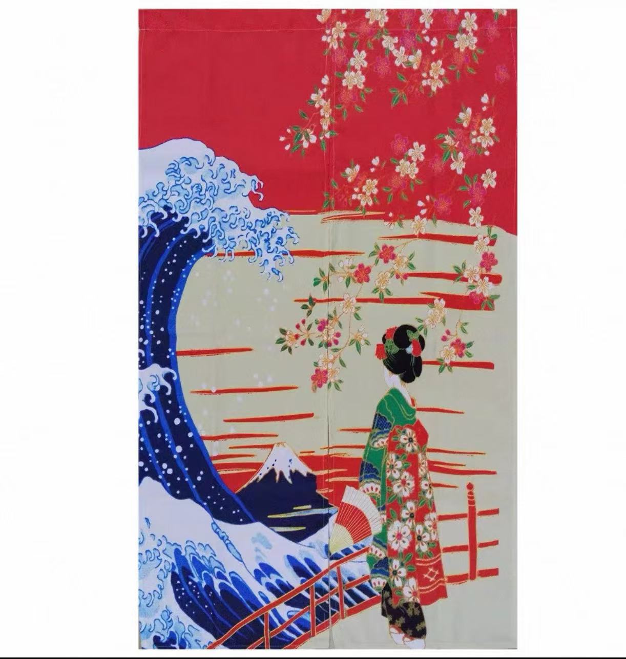 CHEFCO,MK-580,Door Curtain Japanese Women with Waves & Sakura Blossom Design - Chefcoca