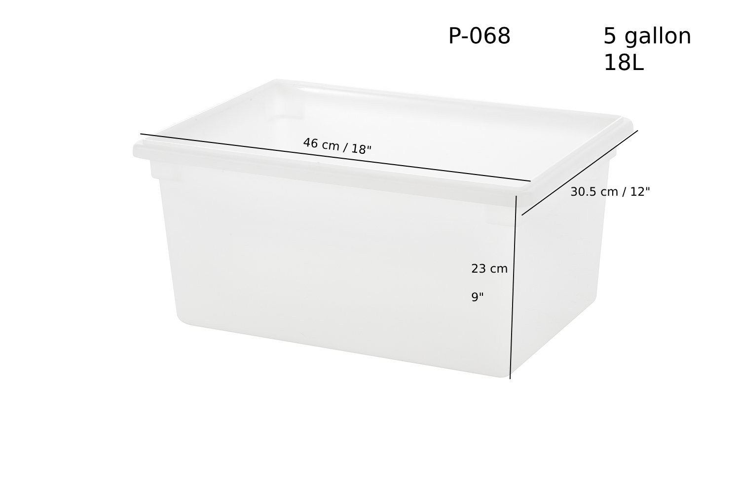White Polypropylene Food Storage Box, 5 Gallon/18L, 18"x12"x9"H (P-068P)