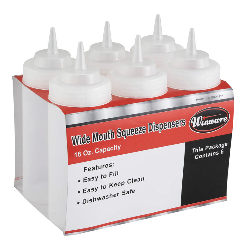 PSW-16 - 16oz Squeeze Bottles, Wide Mouth, Clear, 6pcs/pk - Chefcoca