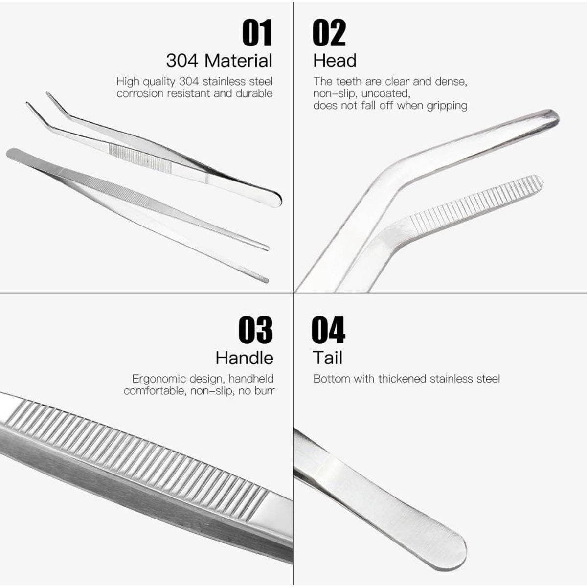 304 Stainless Steels Tweezers with curved 60 Degree Serrated Tip Professional Multi Purpose Tongs Tool for Industrial Work, Laboratory Use, Gardening - Chefcoca