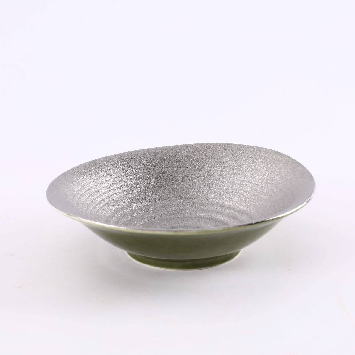 Silver Jaded Ceramic asymmetrical bowl,Green and Silver (PTC00415) - Chefcoca
