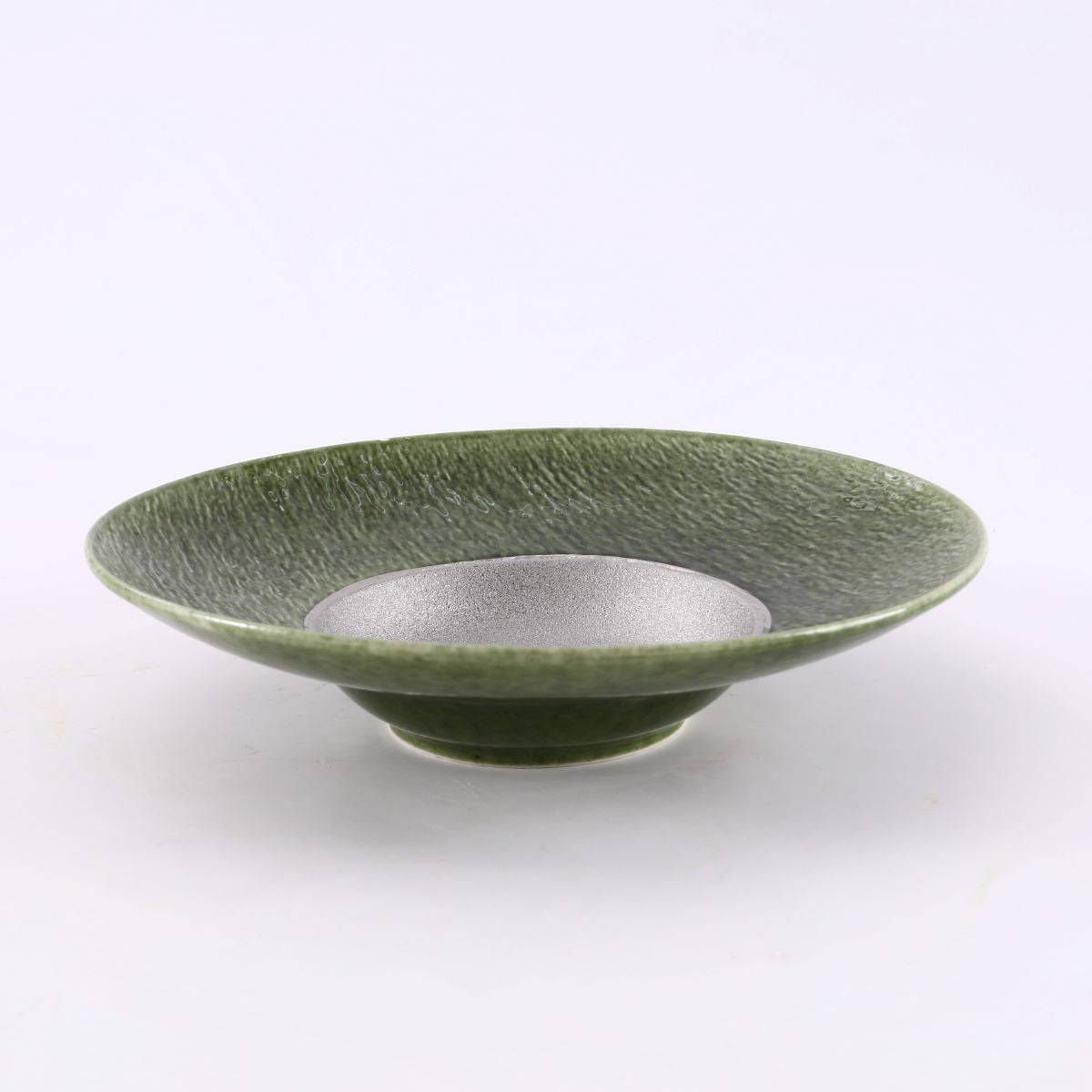 11.8" Green and Silver Ceramic Round Bowl with Textured Center (PTC00423) - Chefcoca