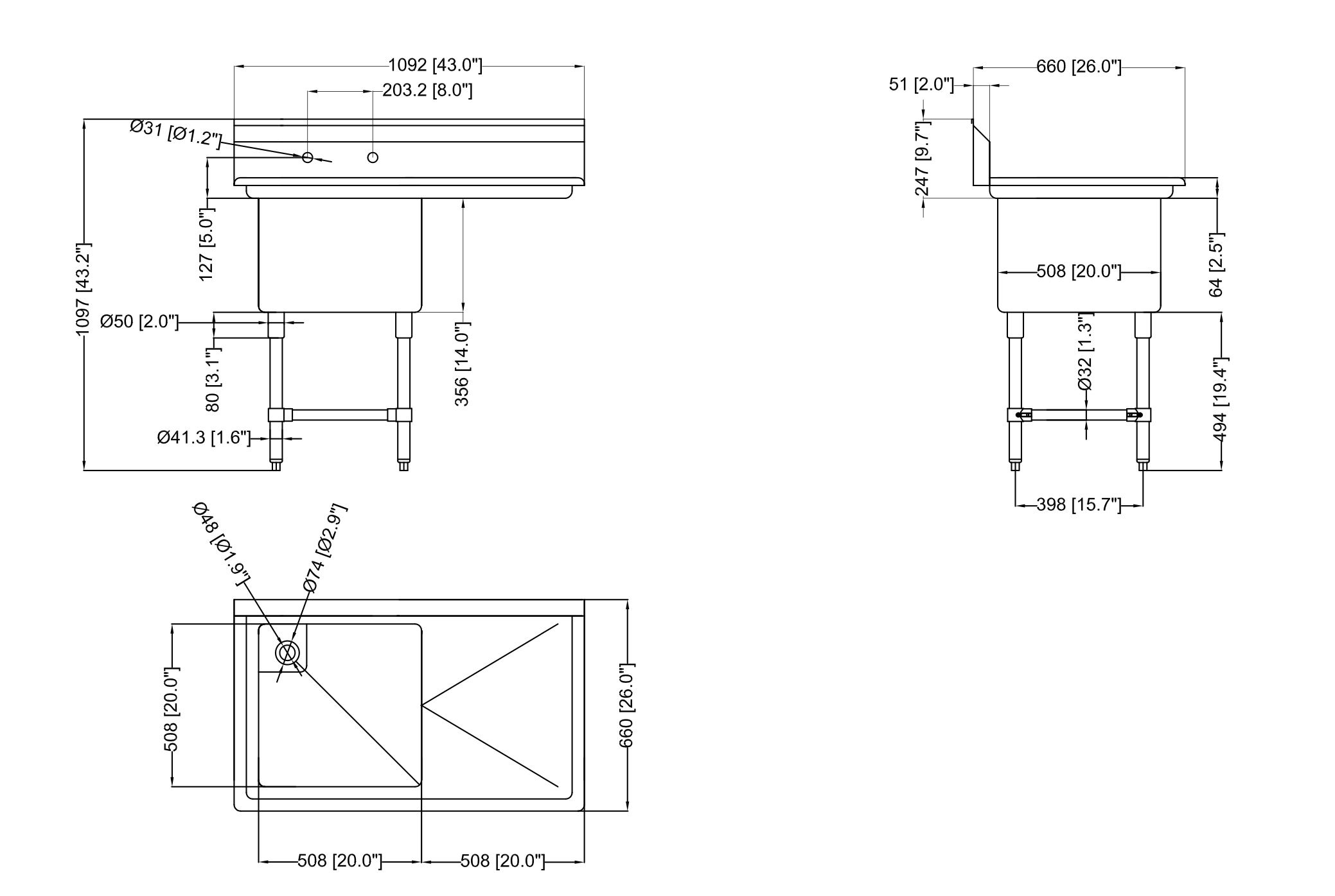 Metal 304, S1C202014-20R-316, 16 Gauge 304 Stainless Steel One Compartment Commercial Sink with Right Drainboard (43" x 26" x 43.2") - Chefcoca