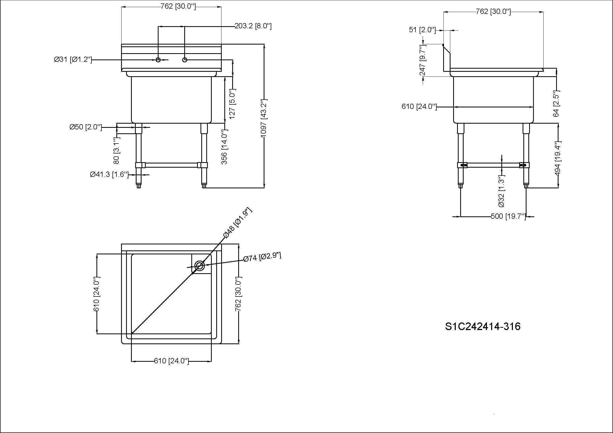 Metal 304, S1C242414-316, 16 Gauge 304 Stainless Steel One Compartment Commercial Sink (30" x 30" x 43.2") - Chefcoca