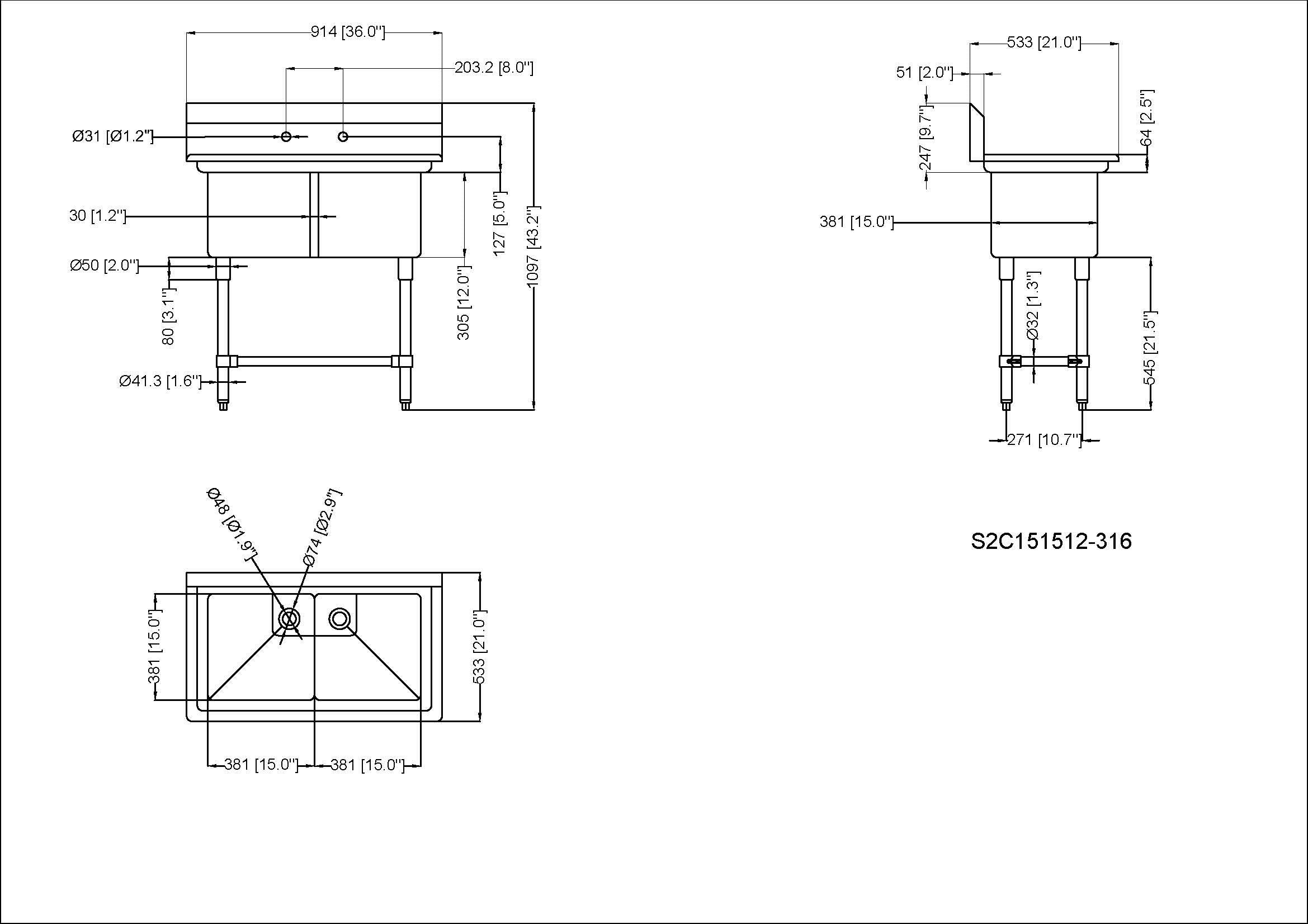 Metal 304, S2C151512-316, 16-Gauge 304 Stainless Steel Two Compartment Sink, No Drainboards (36" x 21" x 43.2") - Chefcoca