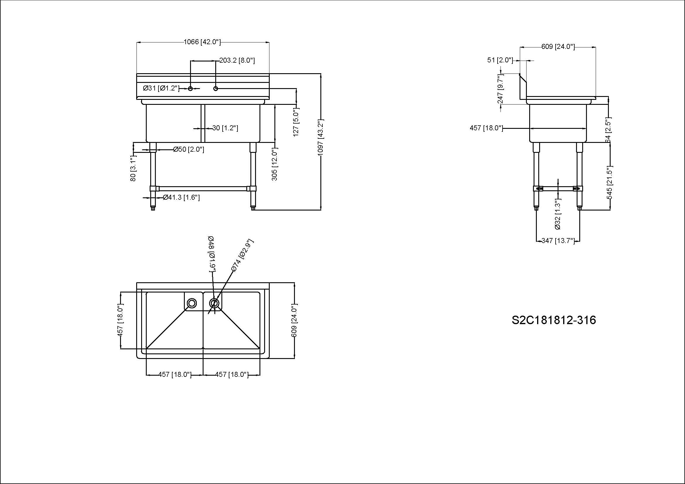 Metal 304, S2C181812-316, 16-Gauge 304 Stainless Steel Two Compartment Sink, No Drainboards (42" x 24" x 43.2") - Chefcoca