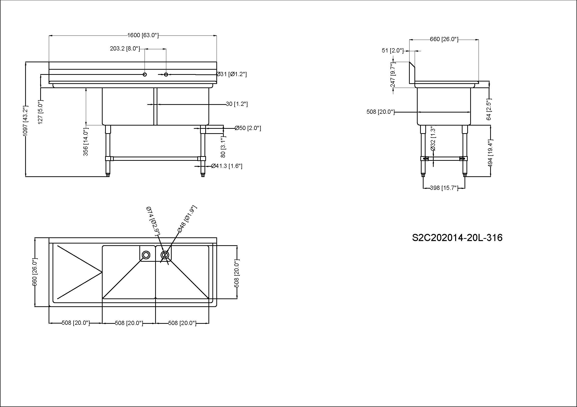 Metal 304, S2C202014-20L-316,  16-Gauge 304 Stainless Steel Two Compartment Sink with Left Drainboard (63" x 26" x 43.2") - Chefcoca