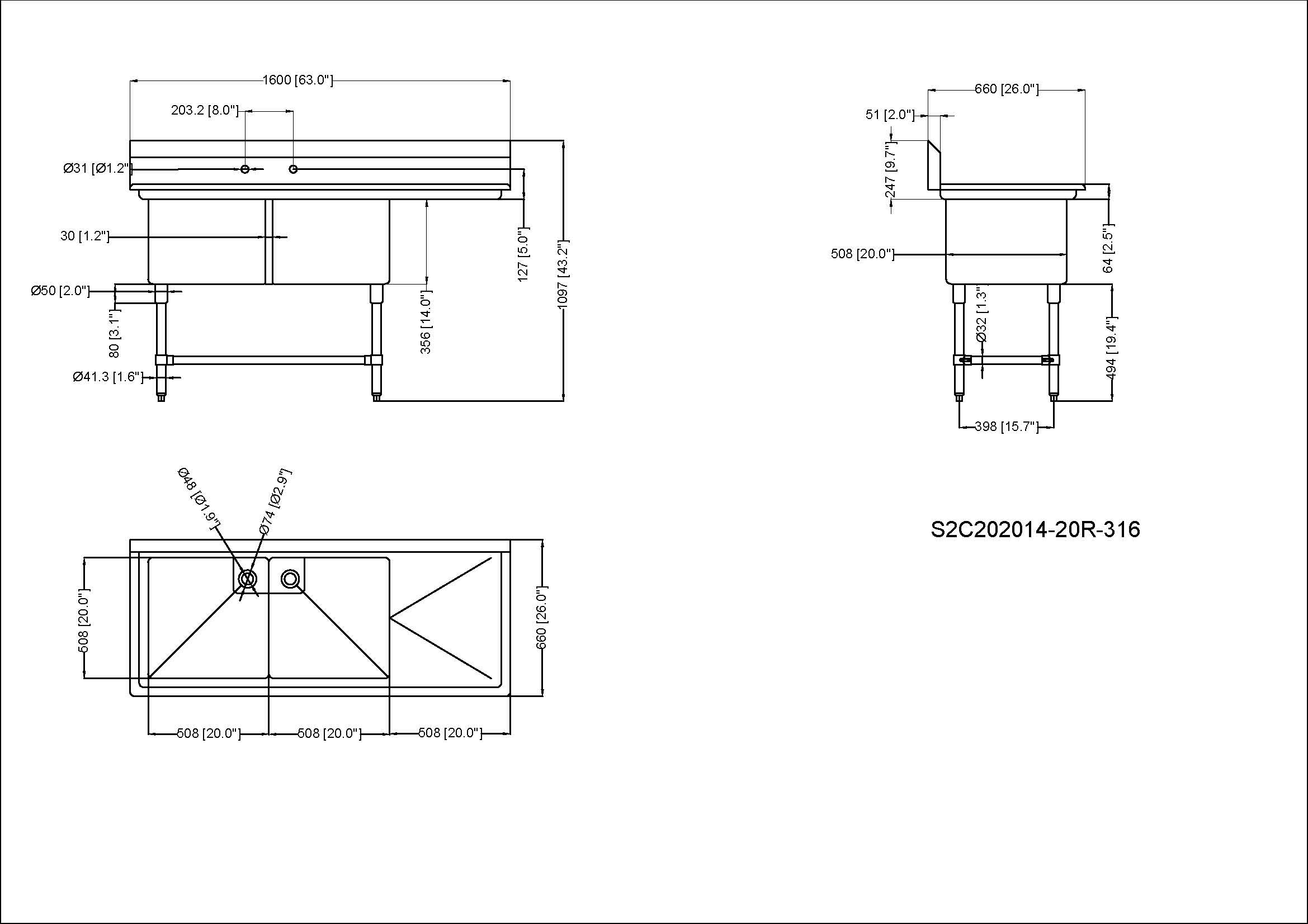 Metal 304, S2C202014-316, 16-Gauge 304 Stainless Steel Two Compartment Sink, No Drainboards (46" x 26" x 43.2") - Chefcoca