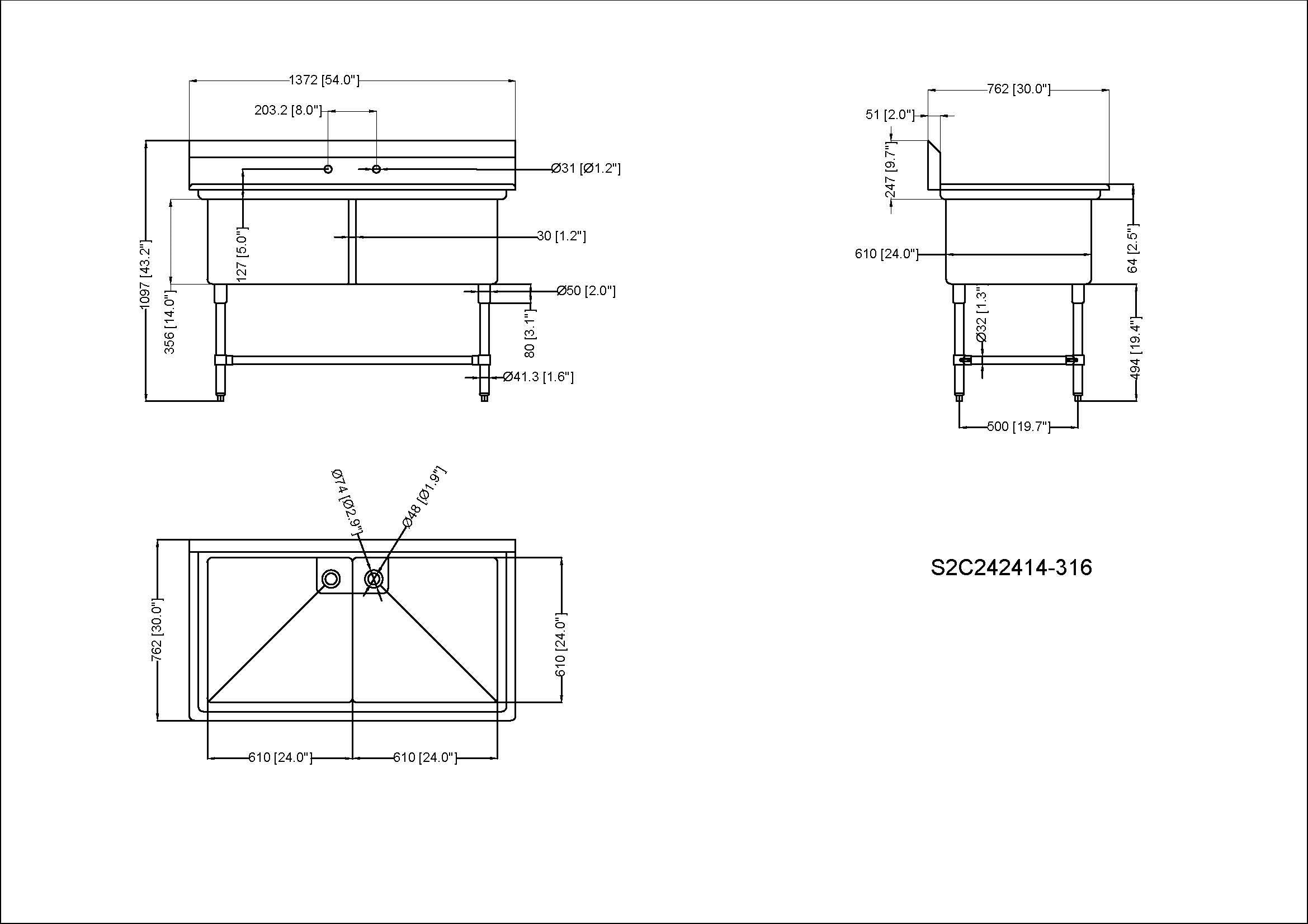 Metal 304, S2C242414-316, 16-Gauge 304 Stainless Steel Two Compartment Sink, No Drainboards ( 54" x 30" x 43.2") - Chefcoca