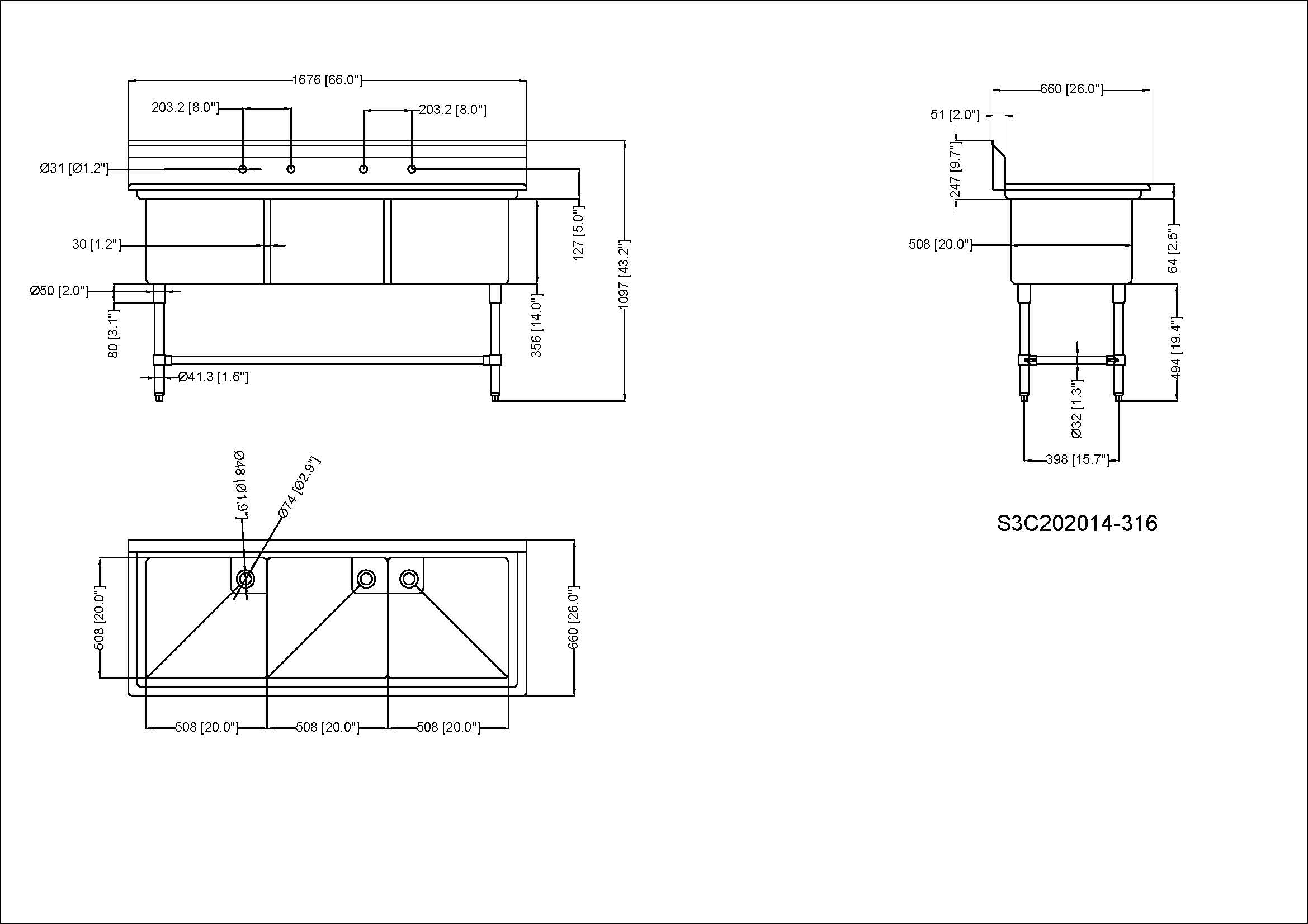Metal 304, S3C202014-316, 16-Gauge 304 Stainless Steel Three Compartment Sink, No Drainboards (66" x 26" x 43.2") - Chefcoca