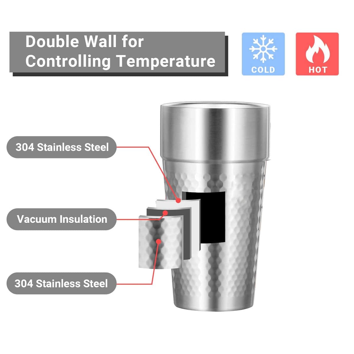 304 Stainless Steel stackable silver double wall cup - Chefcoca