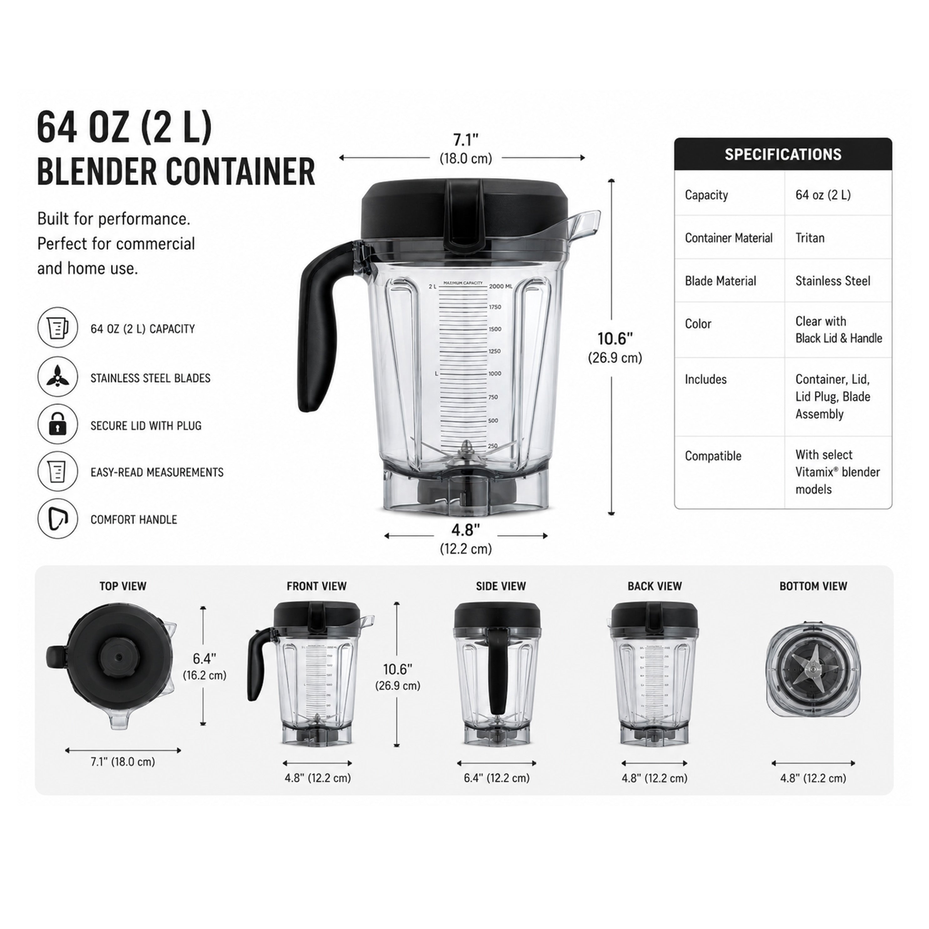 Chefco,SE-060904-7500, 64oz Transparent Blender Container Cup Lid Blade Replacement Accessories Kit Fit for Vitamix