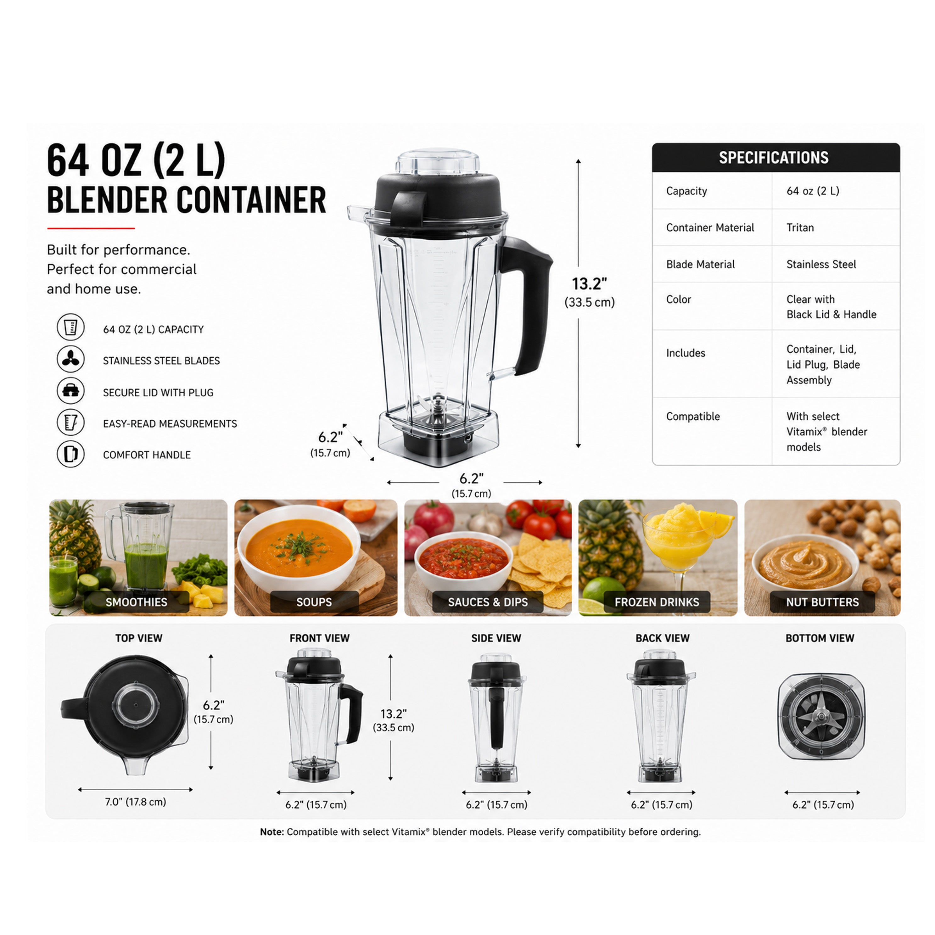 Chefco, SE-61050-5200, 64 oz Classic Blender Container Cup with Cutter & Lid, Blender Container Compatible with C-Series