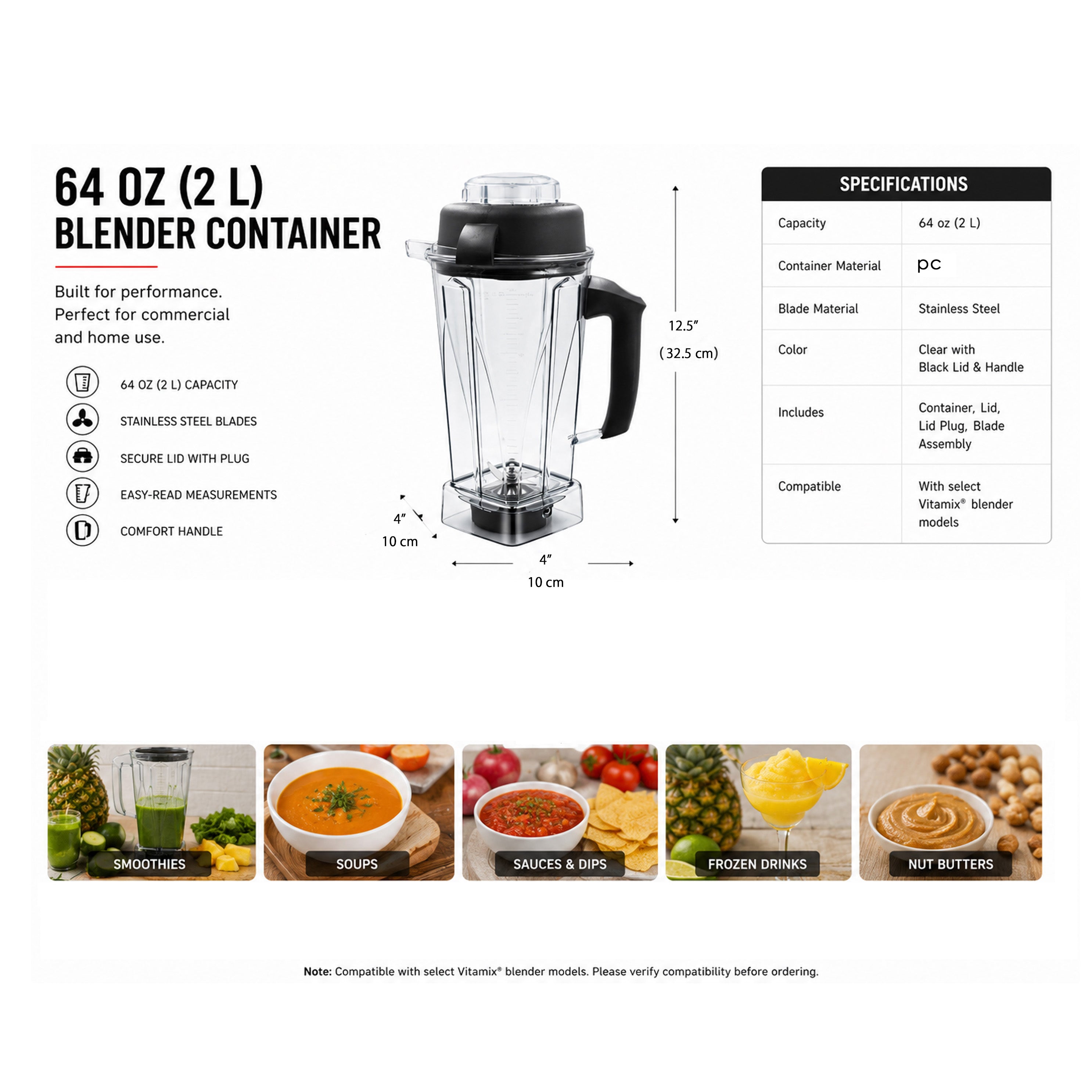 Chefco, SE-61050-5200, 64 oz Classic Blender Container Cup with Cutter & Lid, Blender Container Compatible with C-Series