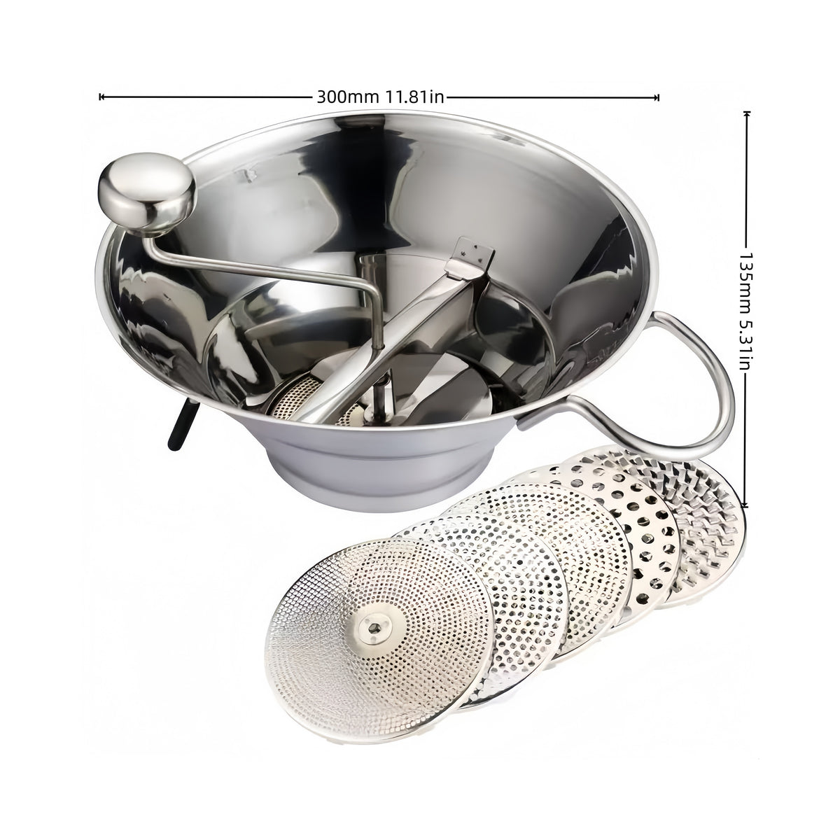 CHEFCO,SFM-125, Stainless Steel Food Mill with 5 inserts, 11.81" Dia. × 5.31" H (300 × 135 mm)
