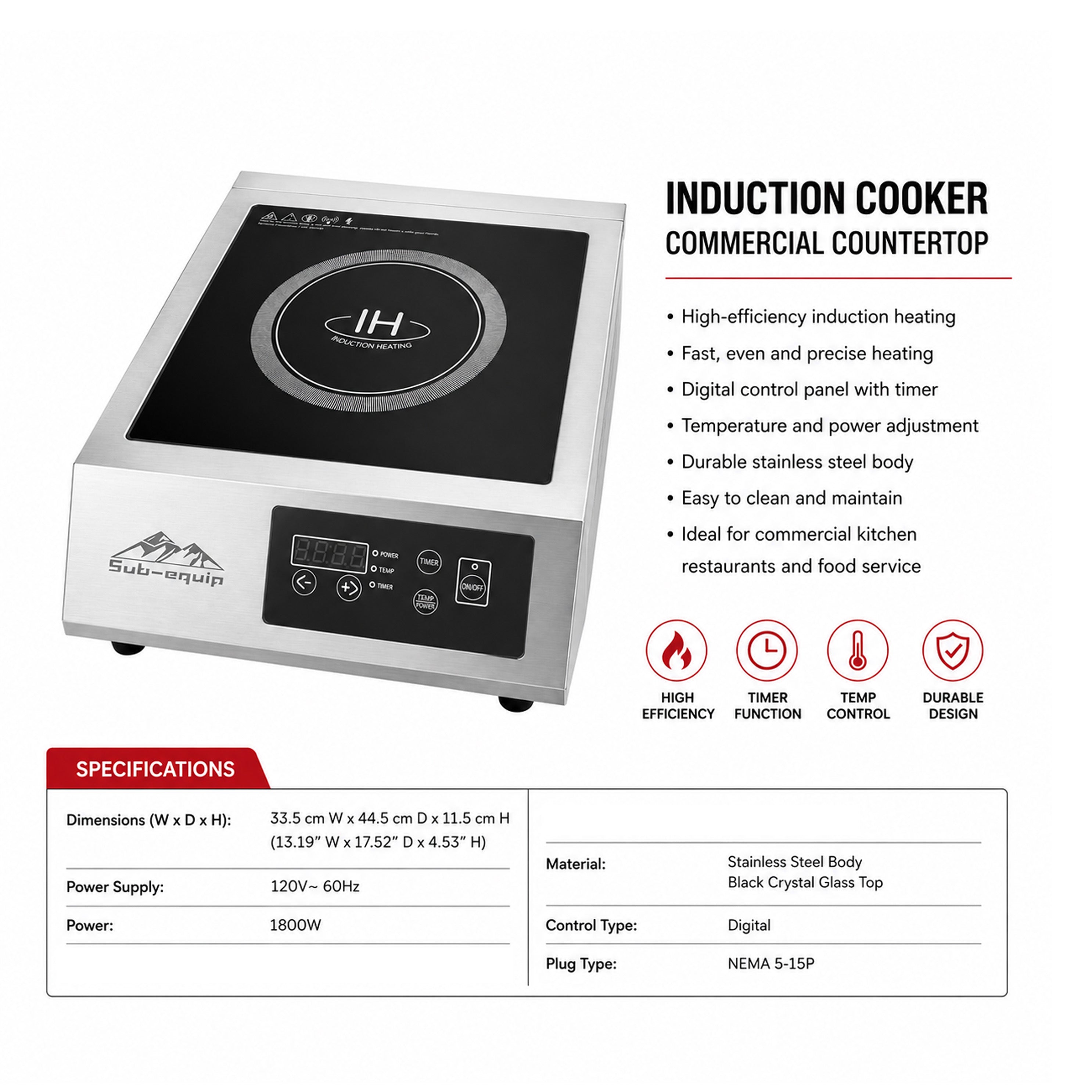 Turbo Range SL-18-TP3, Countertop Induction Cooker - 1800W, 110V/60Hz /1 ph