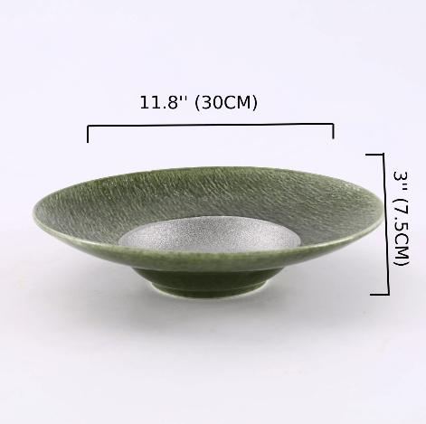 11.8" Green and Silver Ceramic Round Bowl with Textured Center (PTC00423) - Chefcoca