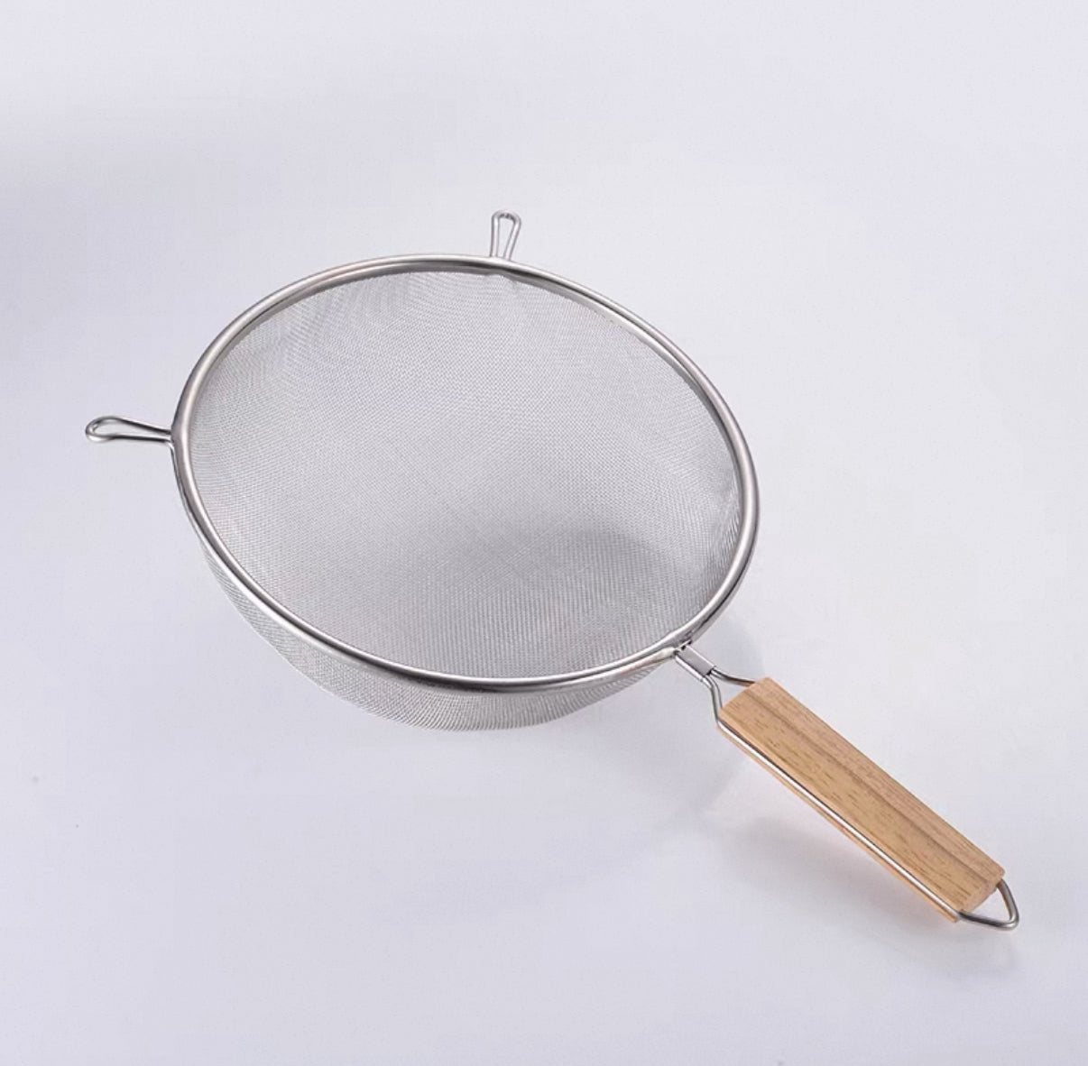 Chefco, 10 1/4" Medium Stainless Steel Double Mess strainer with Wooden Handle and Double Ear (MSS-10.5D) - Chefcoca