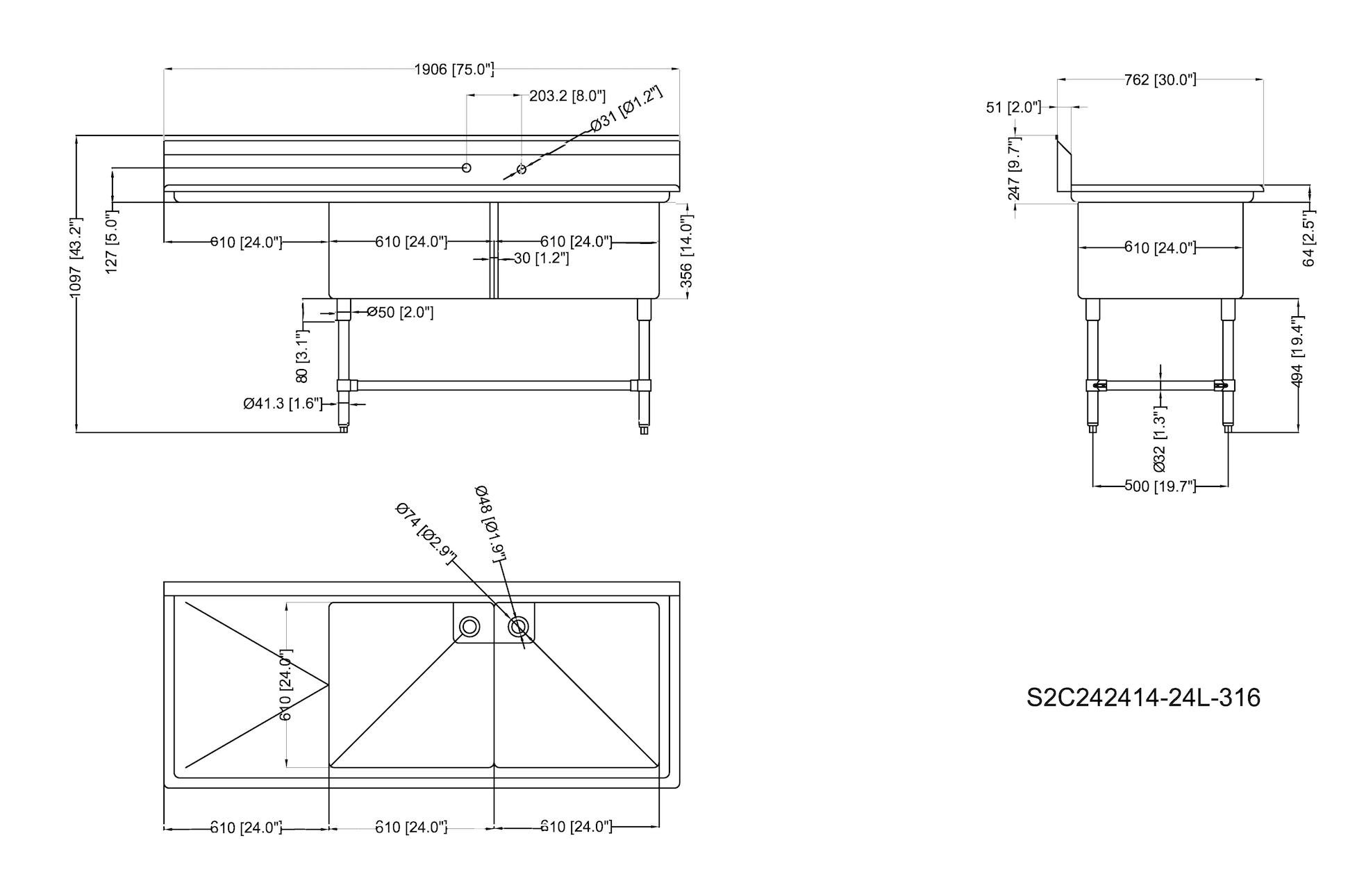 Metal 304, S2C242414-24L-316, 16-Gauge 304 Stainless Steel Two Compartment Sink with Left Drainboard (75" x 30" x 43.2") - Chefcoca
