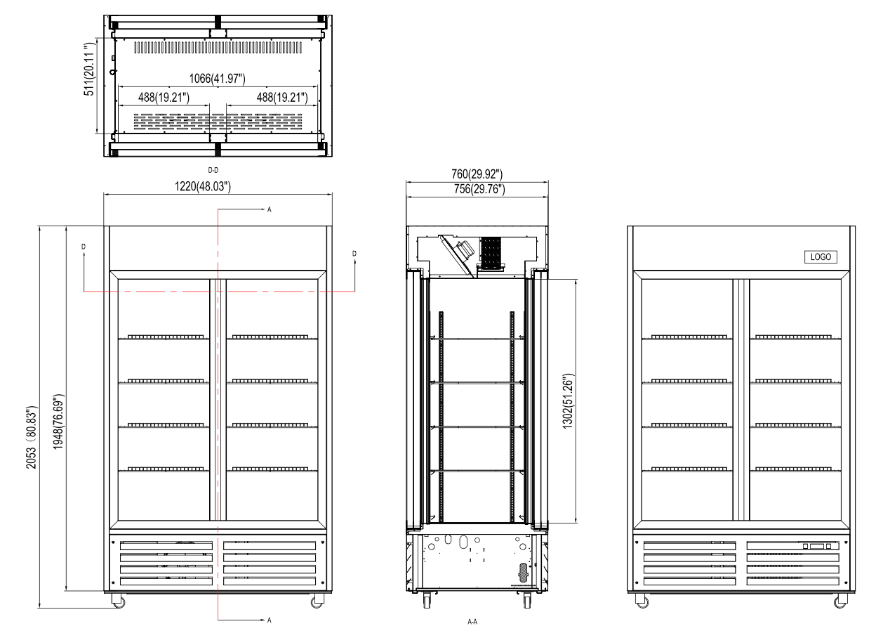 Sub-equip, 48" Stainless Steel Glass Door Pass-Through Refrigerator, CDM-48RG