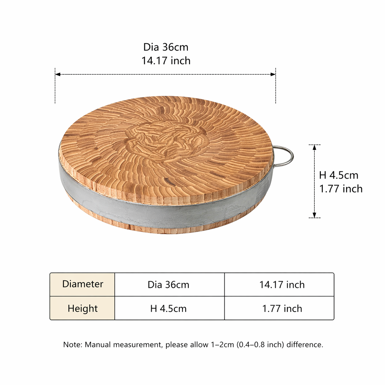 Sub-equip ,BCB-3604, Round Bamboo Chopping Board with Stainless Steel Single Handles, 36cm x 4.5cm - Chefcoca
