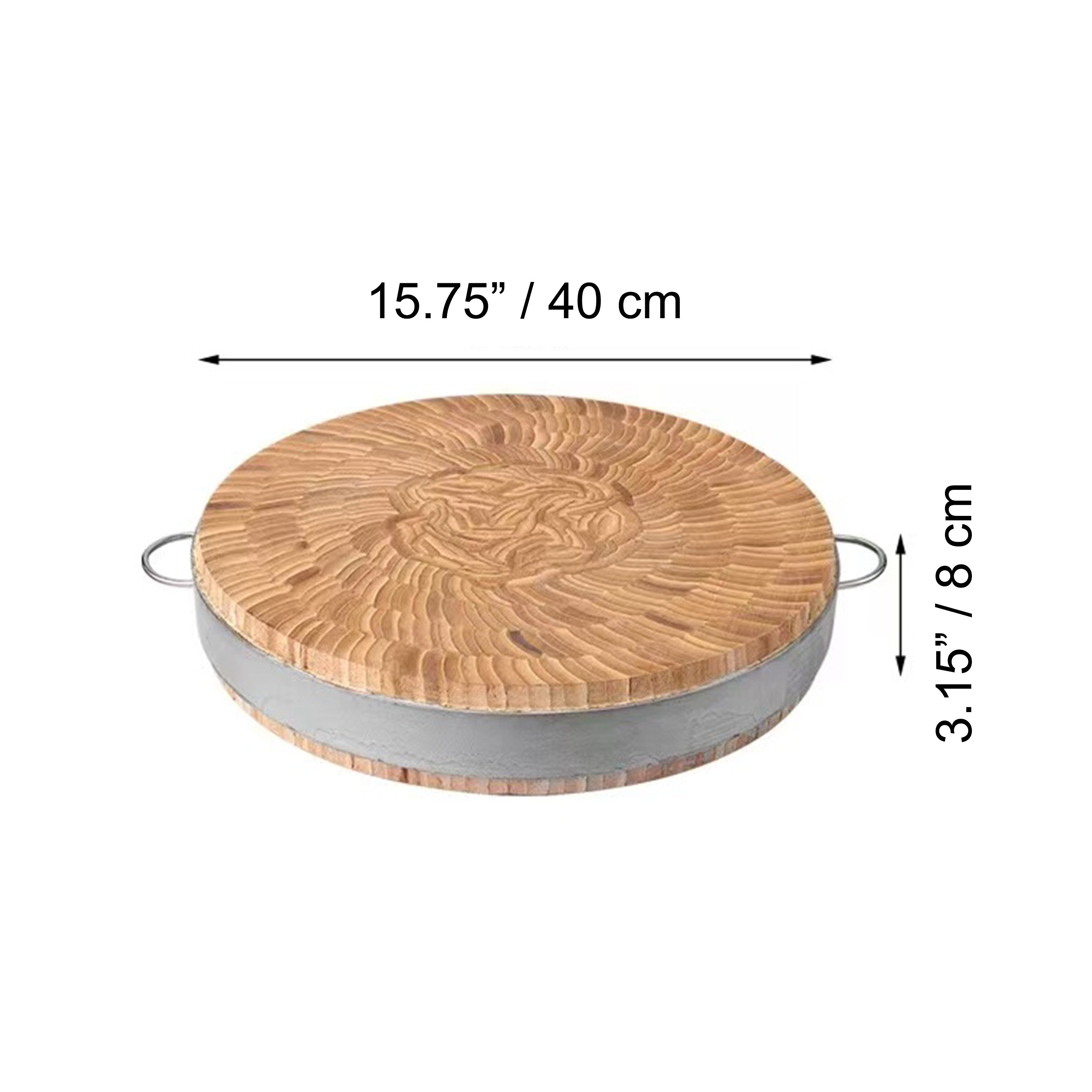 Sub-equip ,BCB-4008, Round Bamboo Chopping Board with Stainless Steel Handles, 40cm x 8cm - Chefcoca