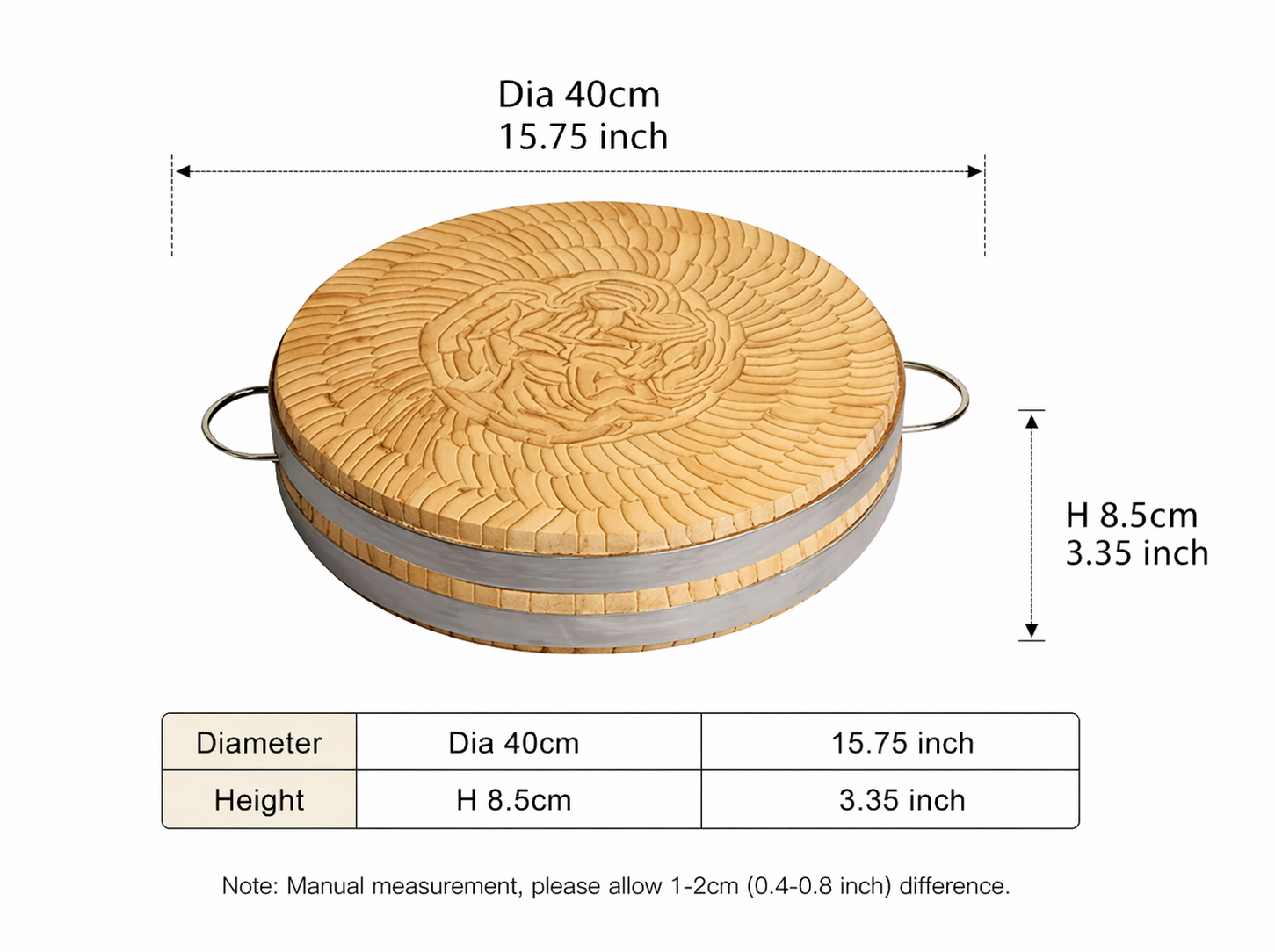 Sub-equip ,BCB-4010, Round Bamboo Chopping Board with Stainless Steel Handles, 40cm x 8.5cm - Chefcoca