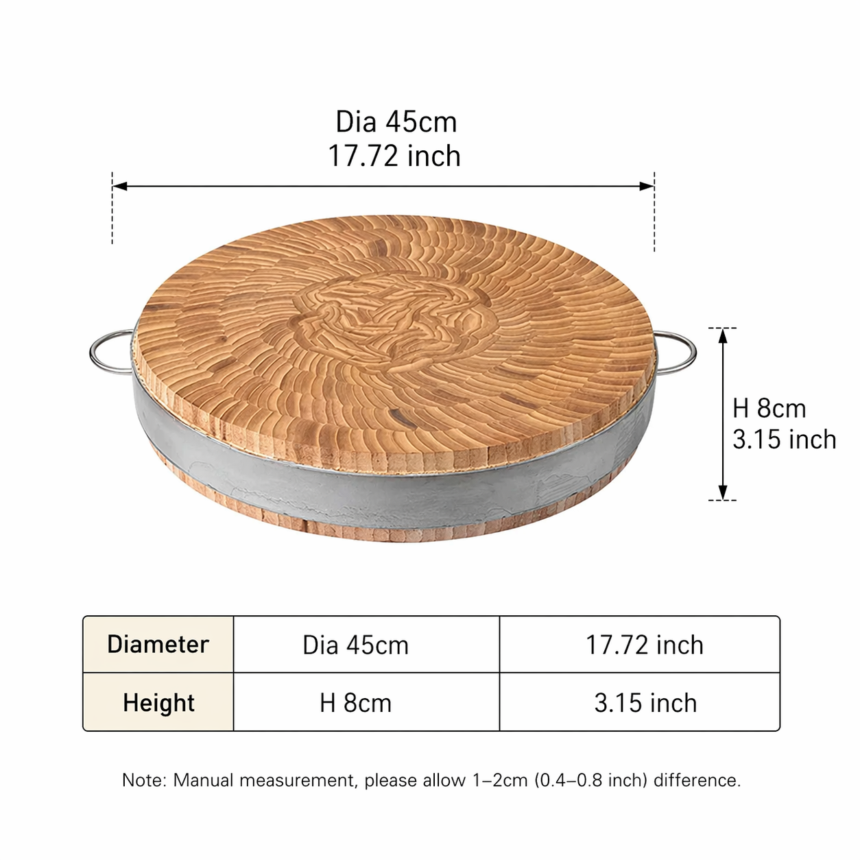 Sub-equip,BCB-4508, Round Bamboo Chopping Board with Stainless Steel Handles,45cm x 8cm - Chefcoca