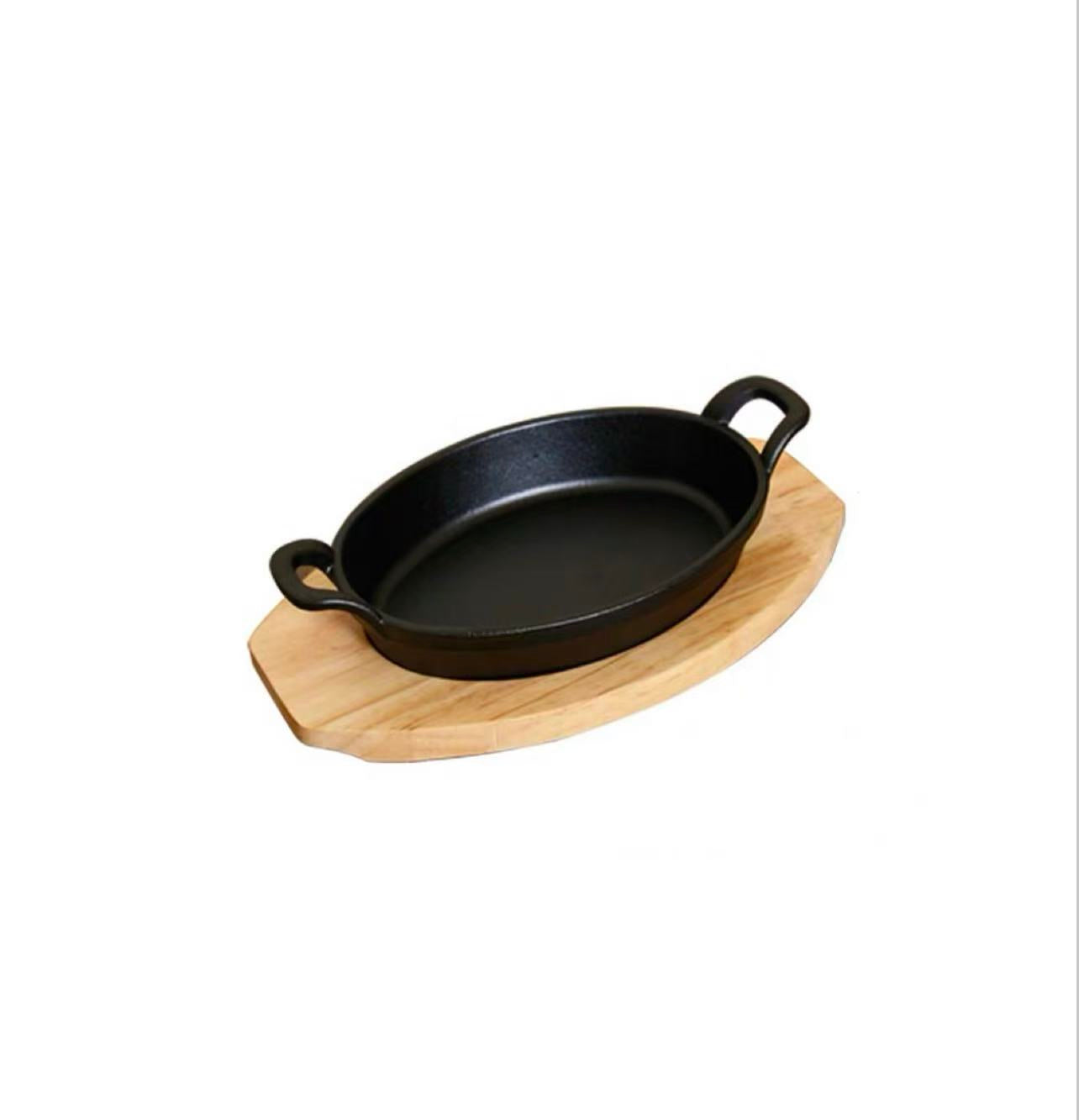 Sub-equip,CIPO-2115,Enamel Oval Mini Cast Iron Platter with Wooden Base,2pcs/set (21.5cm/8.5"x15.3cm/6") - Chefcoca