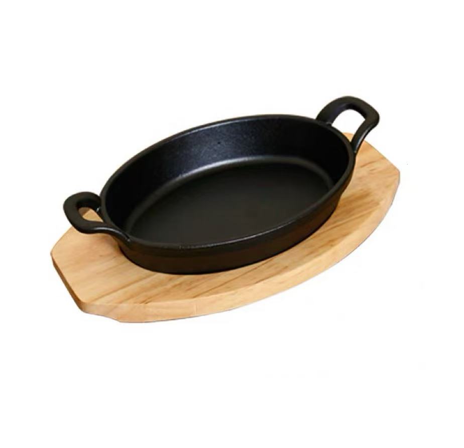Sub-equip,CIPO-2417,Enamel Oval Mini Cast Iron Platter with Wooden Base,2pcs/set (24cm/9.5"x17cm/6.7") - Chefcoca
