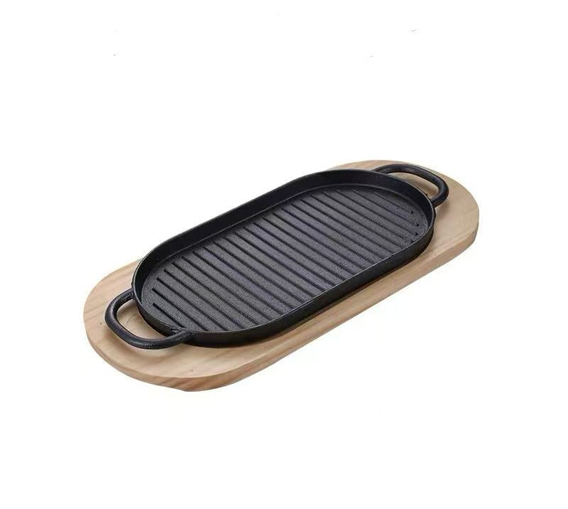Sub-equip,CIPR-3016,Enamel Oval Mini Cast Iron Ribbed Platter with Wooden Base,2pcs/set (30.5cm/12" x16cm/6.3") - Chefcoca