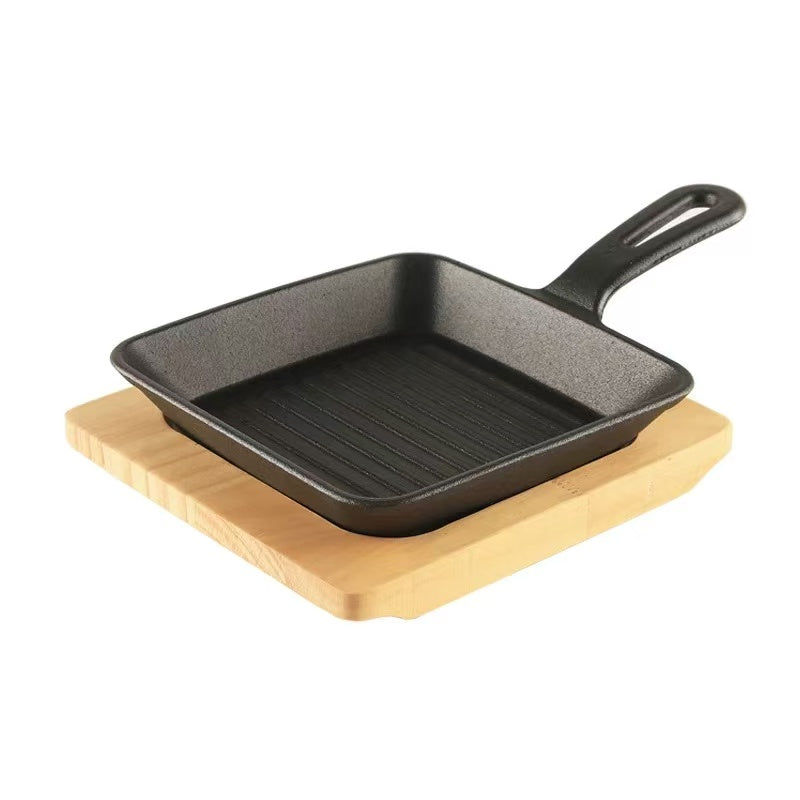 Sub-equip,CIPS-1313,Enamel Square Mini Cast Iron Platter with Wooden Base,2pcs/set (13.5cm/5.3"x13.5cm/5.3") - Chefcoca