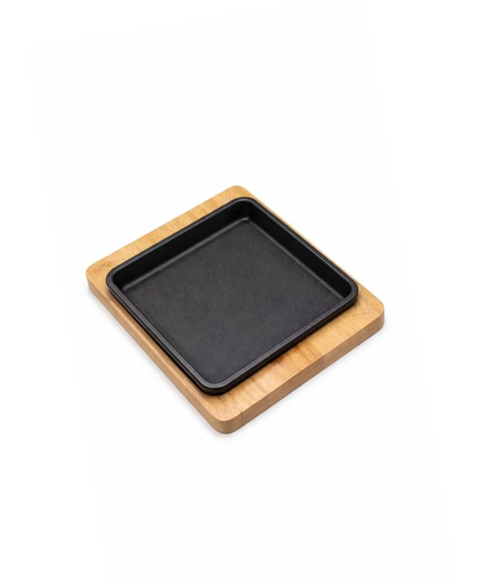 Sub-equip,CIPS-1716,Enamel Rectangular Mini Cast Iron Platter with Wooden Base,2pcs/set (16.5cm/6.5"x15.5cm/6.1") - Chefcoca