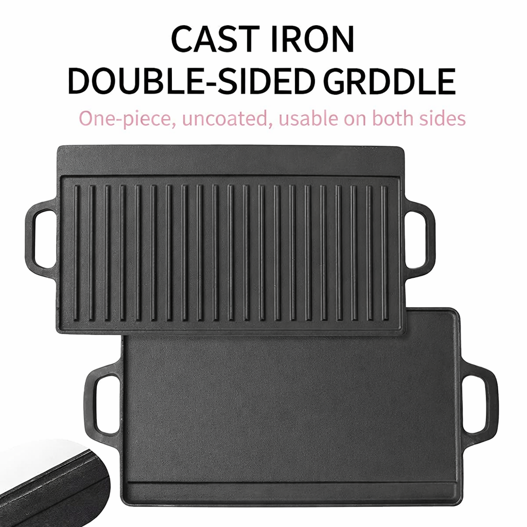Sub-equip,CISP-209,Double-Sided Rectangular Cast Iron Griddle – Flat & Ribbed Surface - Chefcoca