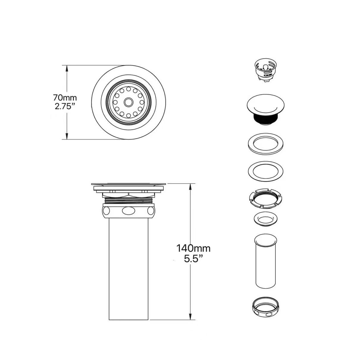 Sub-equip,DB-1.5,Chrome-Plated Sink Drain with Basket Strainer and Tailpiece, Regular - Chefcoca