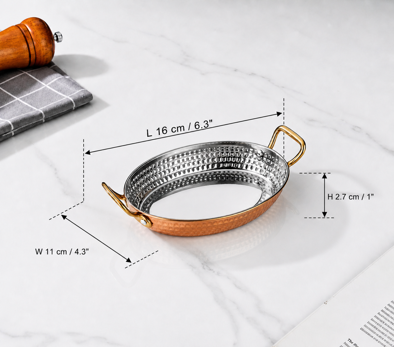 Sub-equip,OPD-1611RG,Stainless Steel Rose Gold Hammered Oval Deep Plate with Double Handle -(L16cm x W11cm x H2.7cm)(6.3" x 4.3" x 1") - Chefcoca