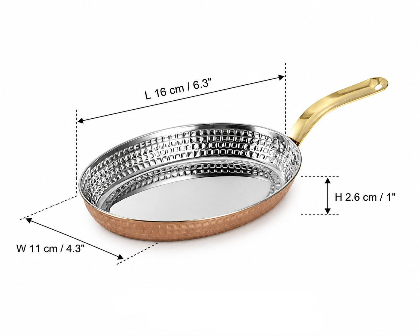 Sub-equip,OPS-2014RG,Stainless Steel Rose Gold Hammered Oval Deep Plate with Single Handle -(L20cm x W14cm x H3cm)(7.9"x5.5"x1.2") - Chefcoca
