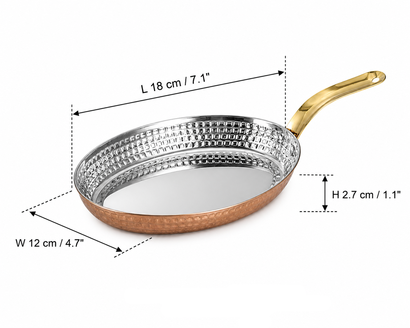 Sub-equip,OPS-1812RG,Stainless Steel Rose Gold Hammered Oval Deep Plate with Single Handle -(L18cm x W12cm x H2.7cm)(7.1"x4.7"x1.1") - Chefcoca