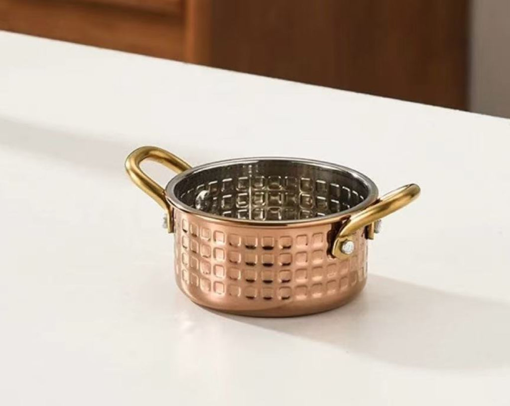 Sub-equip,RPD-10RG,Stainless Steel Rose Gold Hammered Round Mini Pot with Double Handle-(D 10.5cm x H 4.5 cm)(4.1"x 1.8") - Chefcoca